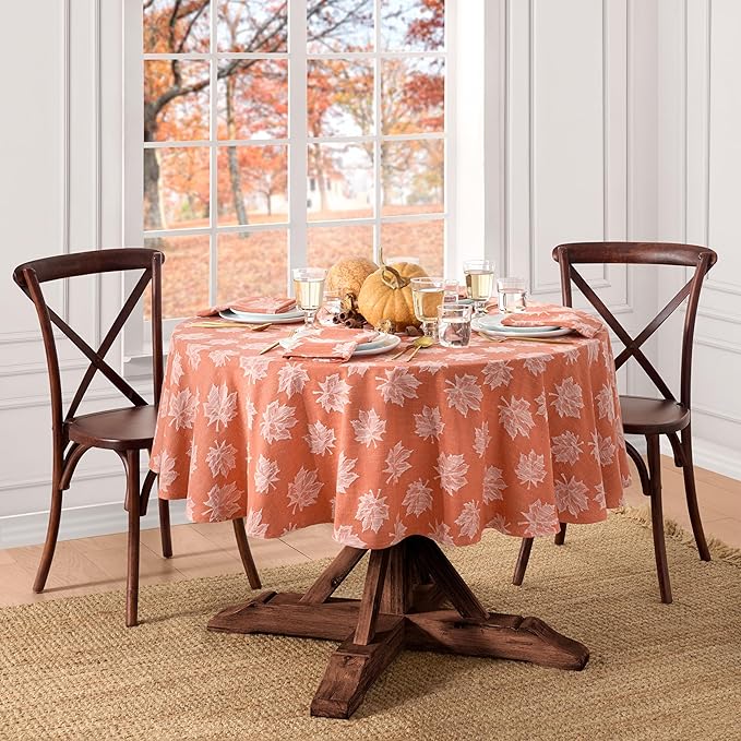 Elrene Home Fashions Falling Leaves Jacquard Harvest/Thanksgiving Cotton Tablecloth, 70" Round, Sienna