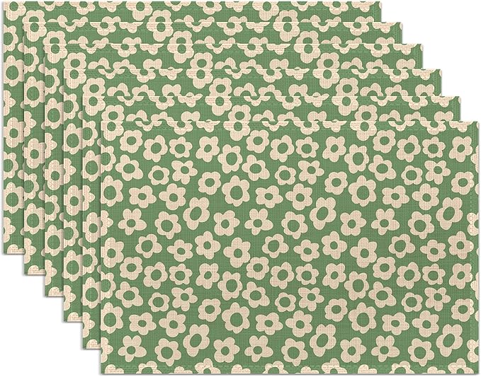 Spring Green Flower Placemats Set of 6,Washable Heat Resistant 12×18 Inch Linen Table Mats Groovy Place Mats for Party Outdoor Dining Décor