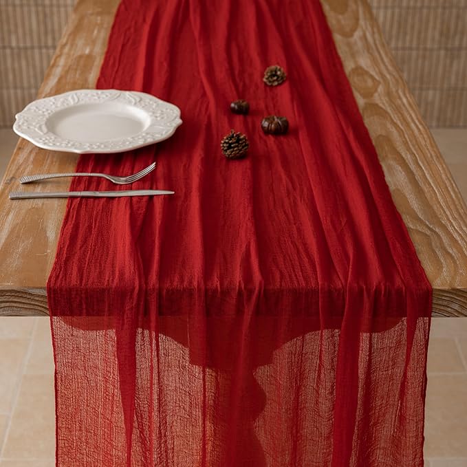 Keketoarrange 10pcs Red Cheesecloth Table Runner Cheese Cloth Rustic Gauze Table Runner 120 Inch 10 FT for Wedding Baby Bridal Shower Sheer Boho Holiday Spring Home Decorations
