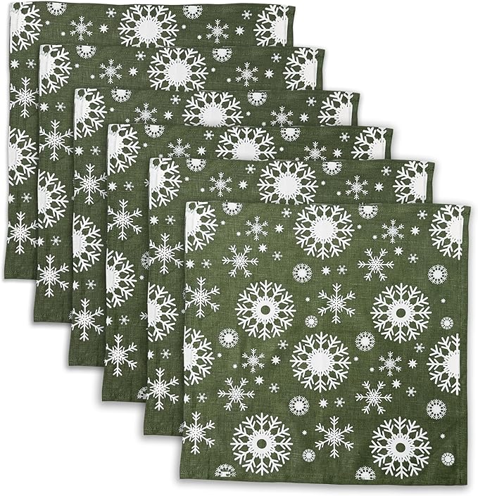 100% Pure Linen Christmas Napkins 15 x 15 Inch Snowflake Pattern - Set of 6 Pack, Green Dinner Cloth Napkin European Flax Natural Fabric Washable for Home and Kitchen