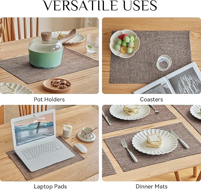 Softalker Faux Linen Placemats Set of 6-12 x 18 Inch, Heat Resistant Double Layered Durable Burlap Farmhouse Place Mats, Non-Slip Washable Rustic Table Mats for Dining, Kitchen, Party,Natural Linen