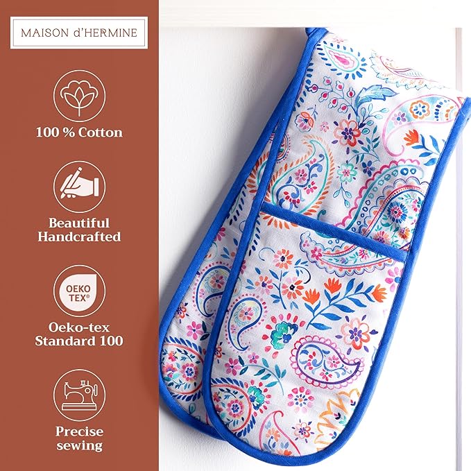 Maison d' Hermine Double Oven Mitts 100% Cotton 7"x35" Double Oven Mitt Heat Resistant BBQ Cooking Gloves with Loop Baking Grilling Gifts for Mothers Day Spring Summer (Indian Floral)