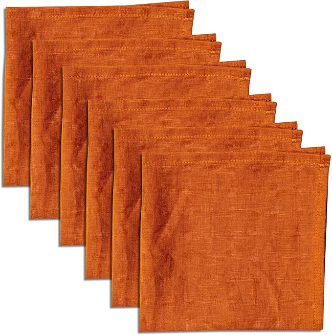 100% Pure Linen Dinner Cloth Fall Napkins 15 x 15 Inch Caramel - Set of 6 Pack European Flax Natural Fabric Washable for Thanksgiving Home and Kitchen