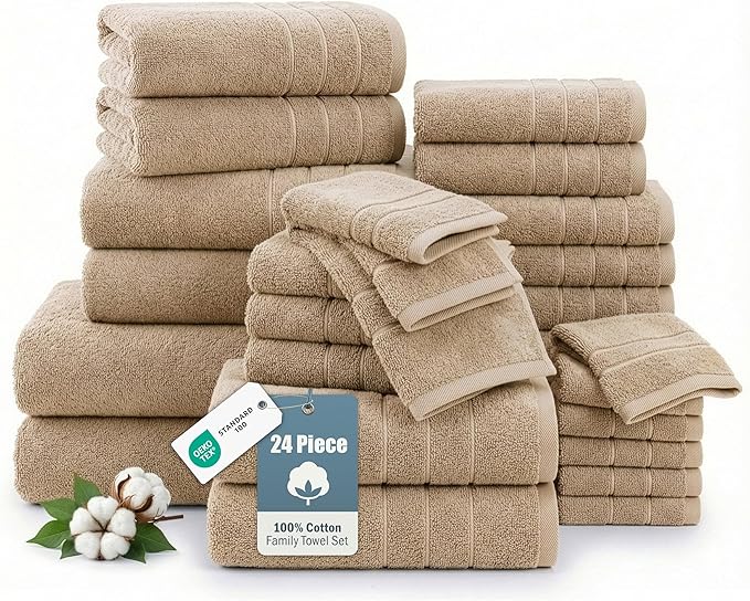 24-Piece 100% Cotton Towels and Washcloths Set – 2 Bath Sheets, 2 Bath, 2 Gym Towel, 4 Fingertip, 6 Hand, 8 Washcloths, Stays Plush After Washes, Ideal for Spa, Hotel & Family Bathrooms - Beige