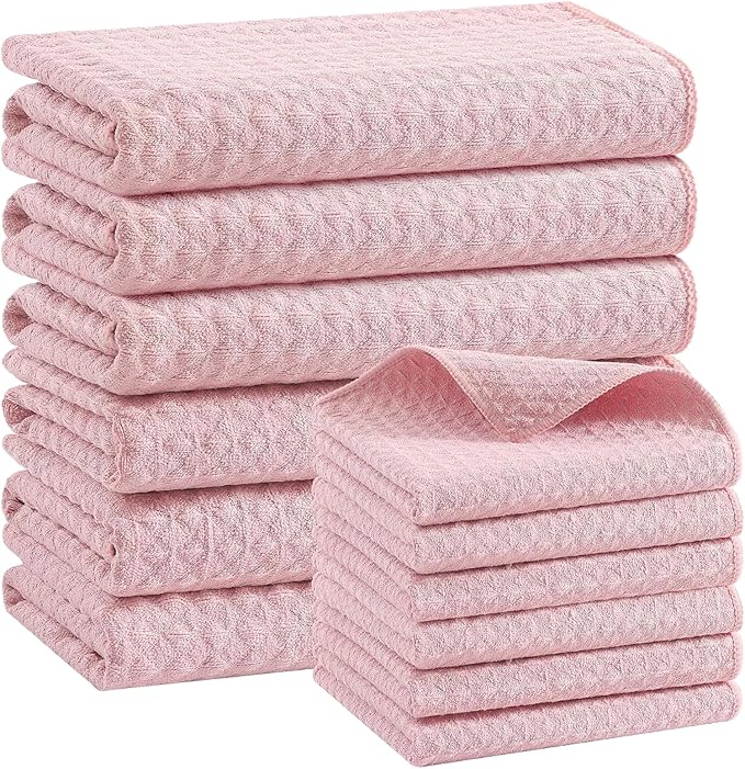 Homaxy Microfiber Waffle Weave Kitchen Towels Set, 16 x 28 Inch and 12 x 12 Inch Ultra Absorbent and Solid Color Dish Towels, 12 Pack, Pink