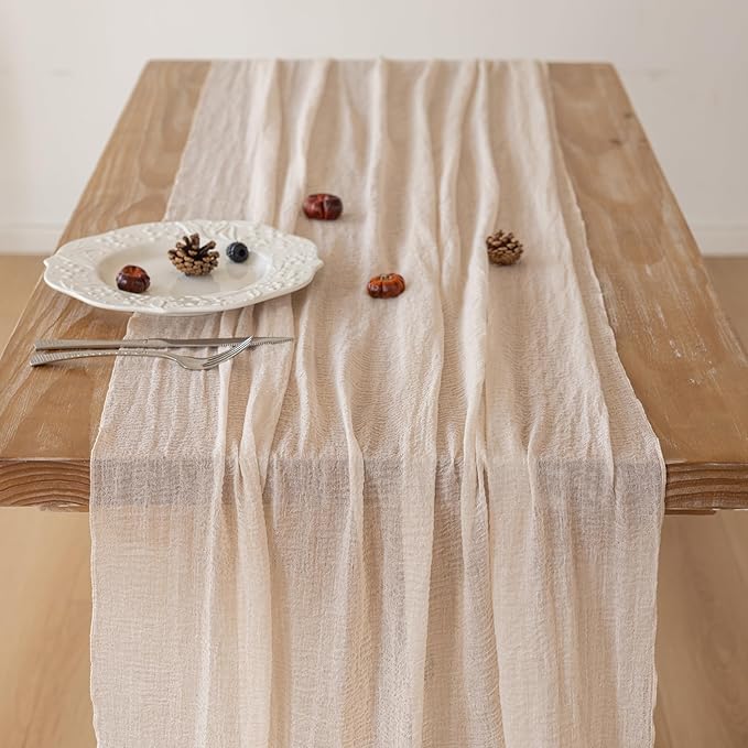 Keketoarrange 10pcs Beige Cheesecloth Table Runner Gauze Rustic 120 Inch 10 FT for Wedding Baby Shower Bridal Shower Birthday Engagement Garden Party Long Sheer Boho Spring Easter Home Decorations
