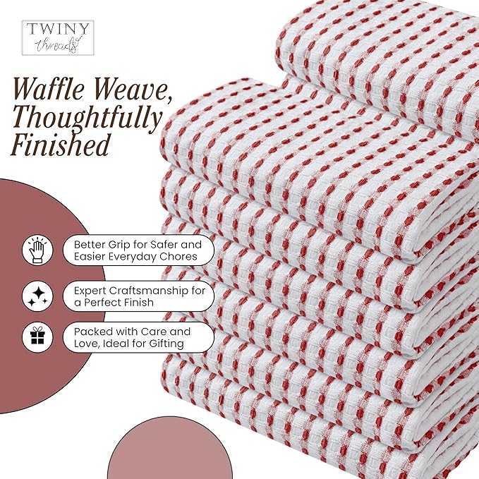 TWINY threads Waffle Kitchen Towels 100% Cotton Set of 4, Ultra Absorbent Dishcloth Set, Absorbent, Quick Dry & Soft Waffle Texture Cloths for Drying Dishes & Household Cleaning, Rust & White