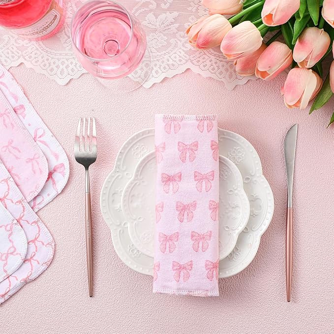 Kinlop 24 Pcs Lunchbox Cloth Napkins Bulk Reusable 2 Ply 8" x 8" Bow Style Flannel Wipes Washable Soft Cotton Sturdy Absorbent Cloth Placemats for Dining Thanksgiving Home Party