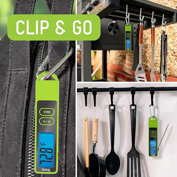 Taylor TruTemp Compact Digital Folding Meat Thermometer with Carabiner Clip for Grilling BBQ Kitchen Griddle, Portable Gadget Essential, Food Temperature Monitor, Gift for Dad Him Men, Green