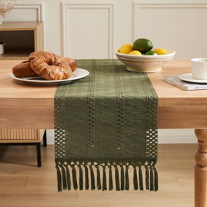 ZeeMart Macrame Style Boho Table Runner, Moss Green Table Runners 48 Inches Long, Farmhouse Woven Home Decor, 12x48 Inch, Moss