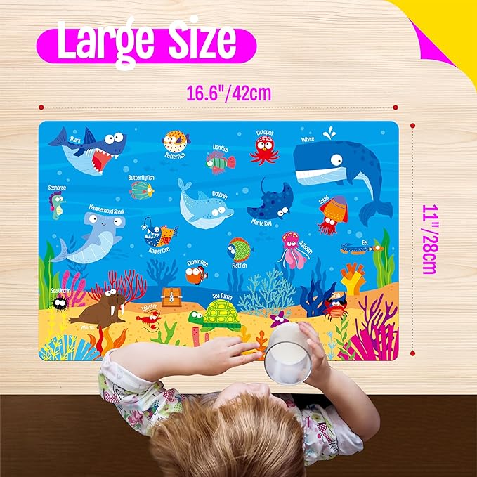 6 Pack Placemats for Kids, Non-Slip Washable Dining Mats, Reusable Jungle, Underwater World, Farm, Dinosaur, Vehicle & Magic World Table Mats for Home, Kindergarten, Classroom, Nursery