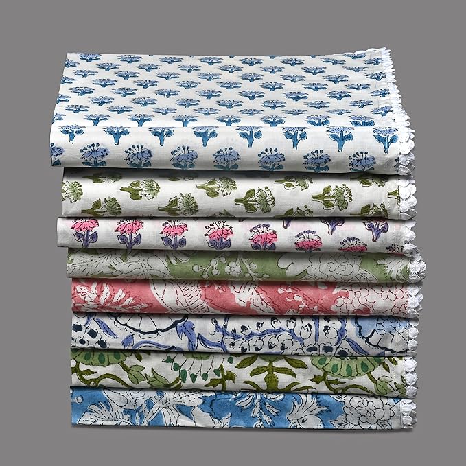 CPC Cloth Napkins 100% Cotton Set of 4 Reusable Napkins, Indian Block Print Toile Floral Dinner Napkin, Fall Thanksgiving Christmas Holiday Party Gift - Soft Absorbent Napkin, 18"x18" Mix Pom Pom