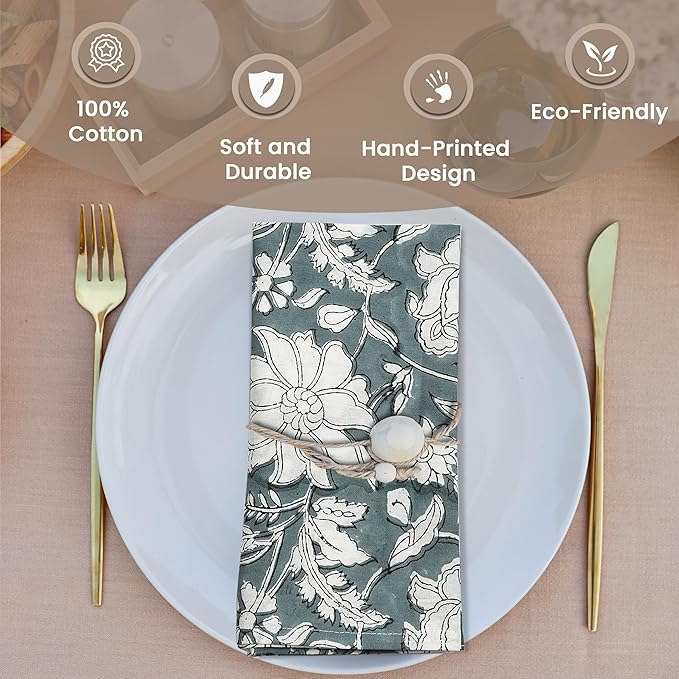 CPC Cloth Napkins Set of 4 Cotton Printed Dinner Hand Print Napkins I Wedding Cocktail Cloth Floral Napkins I 18x18 in I Gray Flower