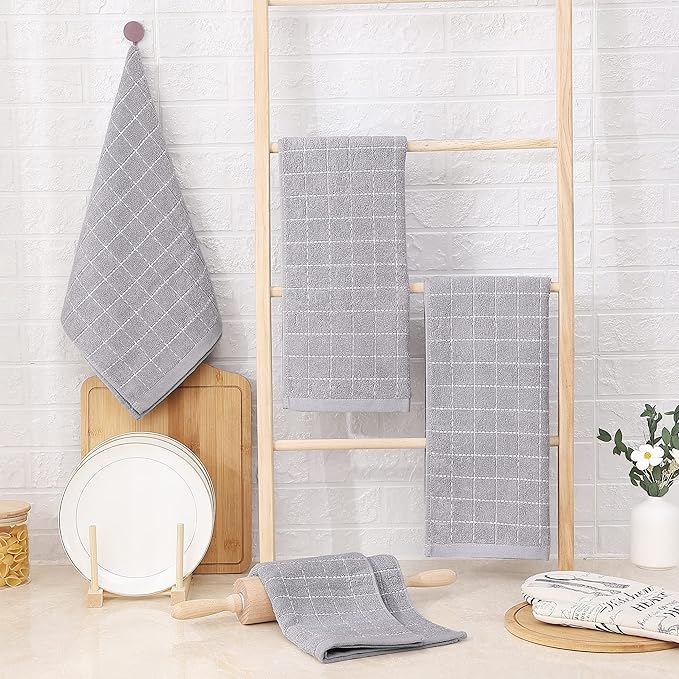 Homaxy 100% Cotton Terry Kitchen Towels(Light Grey, 13 x 28 inches), Checkered Designed, Soft and Super Absorbent Dish Towels, 12 Pack