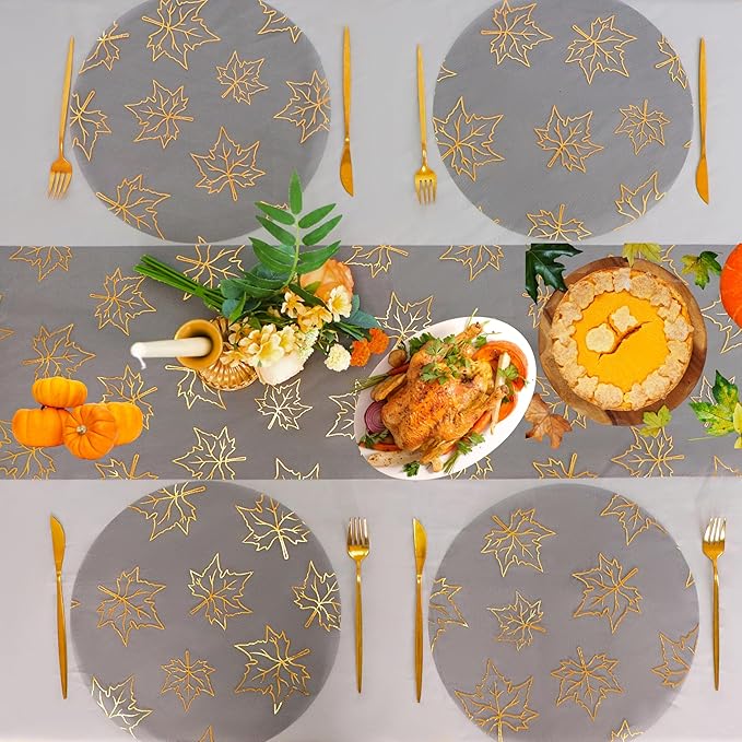 Snowkingdom 24 Pcs Fall Placemats, Black Gold Metallic Maple Leaves Thanksgiving Decoration, 13 inch Round Disposable Placemats, Golden Charger Kitchen Dining Table Mats for Autumn Harvest Party Decor
