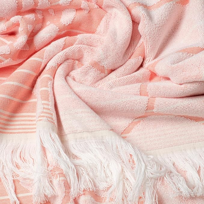 SOFE H&L | LINVIA Foutah Quick Dry Beach Towel Pack of 2 (35” x 70”) CARETTA - Coral | Lightweight, Premium, Fade Resistant, Durable | Travel Towel, Turkish Beach Towel with Shoulder Strap