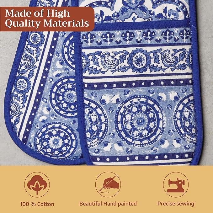 Maison d' Hermine Double Oven Mitts 100% Cotton 7"x35" Double Oven Mitt Heat Resistant BBQ Cooking Gloves with Loop Baking Grilling Gifts for Mothers Day Spring Summer (Melodie Bleue)