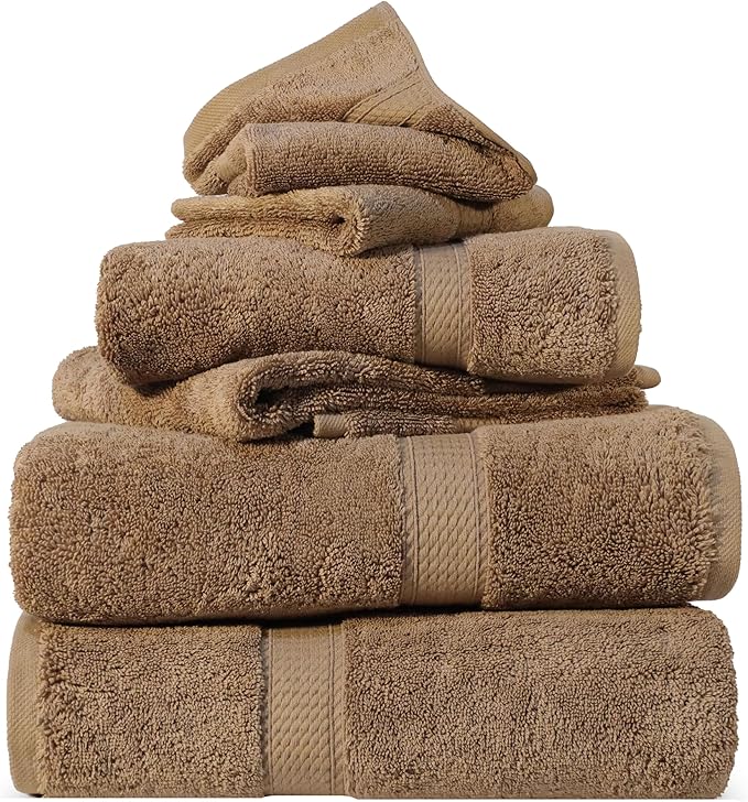 SUPERIOR Egyptian Cotton Pile 6 Piece Towel Set, Includes 2 Bath, 2 Hand, 2 Face Towels/Washcloths, Ultra Soft Luxury Towels, Thick Plush Essentials, Guest Bath, Spa, Hotel Bathroom, Latte