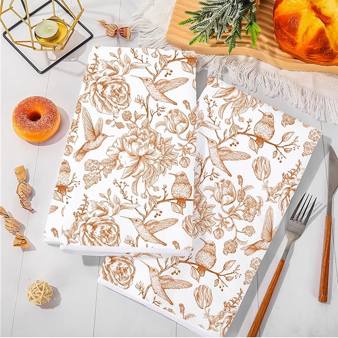 Orange Bird Floral Kitchen Dish Towel 18 x 28 Inch Vintage Bird Flower Dishcloth Chinoiserie Hand Drying Tea Towel for Home Kitchen Cooking Baking, 2Pcs