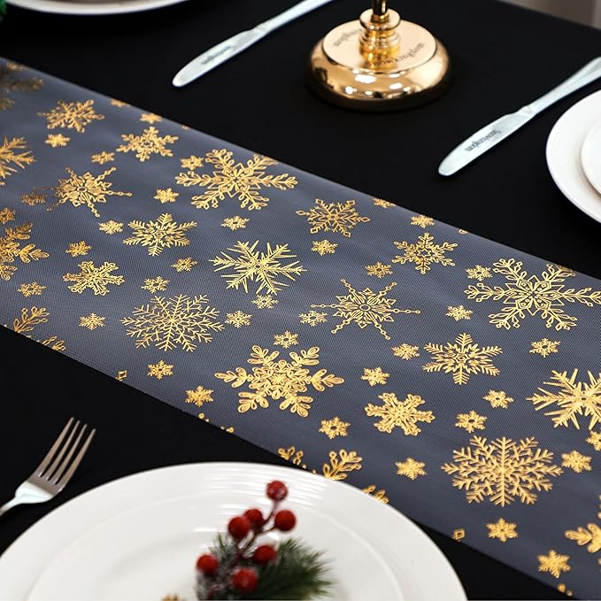 Snowkingdom 2 Pcs Christmas Snowflake Gold Table Runner, 108 Inch Sparkly Gold Glitter Metallic Foil Runners Decorations for Seasonal Winter Festival Holiday Home Party