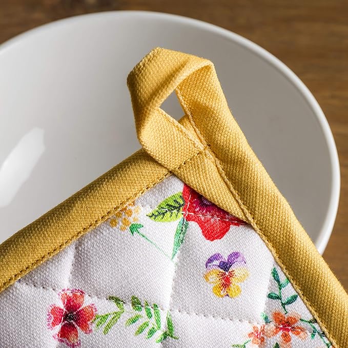 Maison d' Hermine Pot Holders 100% Cotton Heat Resistant Potholders 8" x 8" Hot Pads with Loop BBQ Baking Gifts for Mothers Day Handling Hot Pans Spring/Summer (Pack of 1, Happy Florals - Sweety)