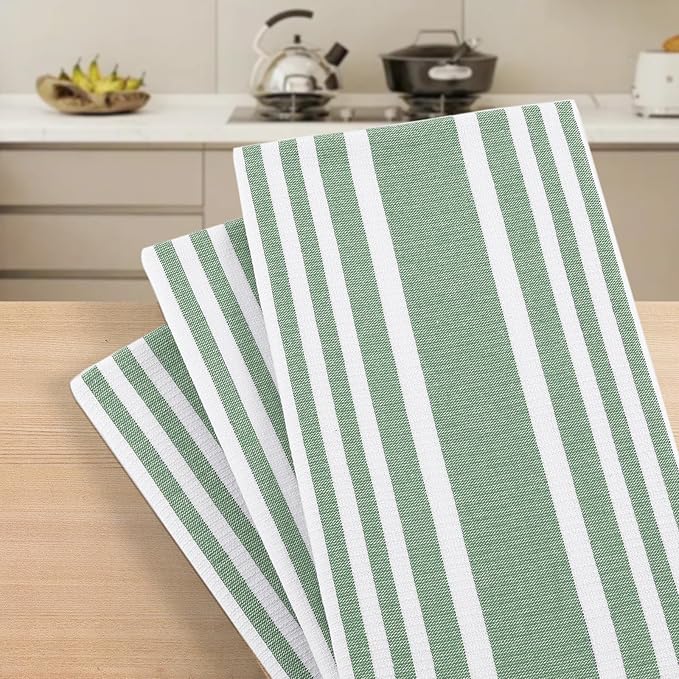 Homaxy Premium Kitchen Towels 18”x 28”, Large Cotton 380 GSM Kitchen Hand Towels, Stripe and Terry Dish Towel, Highly Absorbent Tea Towel Set with Hanging Loop, 6 Pack, Grass Green