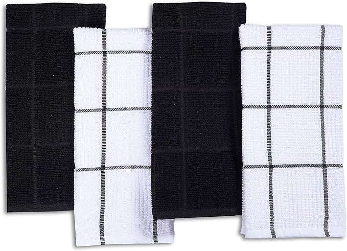 AMOUR INFINI Kitchen Towels Pack of 4, Terry Cotton Dish Towels, Ultra Absorbent, Quick Drying Hand & Tea Towels, Soft Durable Cleaning Cloths with Hanging Loop, 16 x 26 Inch (Black)