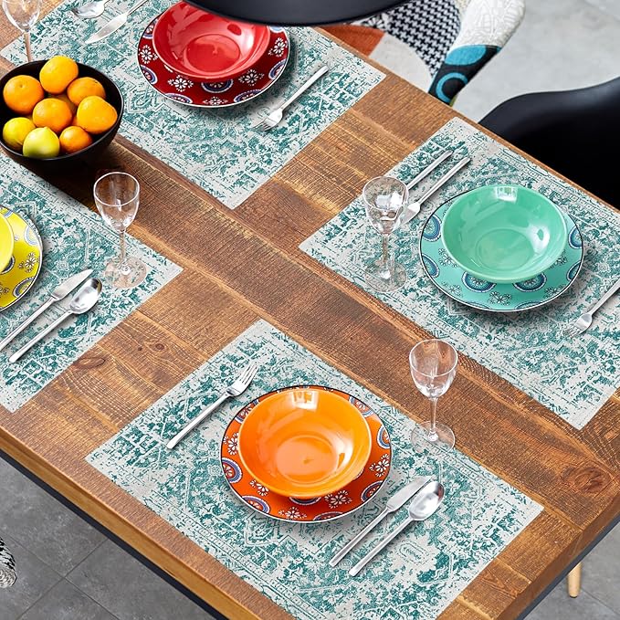 Gray Teal Boho Placemats Set of 4 Ethnic Bohemian Carpet Place Mats Washable Kitchen Dining Vintage Grey Geography Floral Linen Table Mats Stain Heat-Resistant Cloth Tabel for Home Party 12x18 in