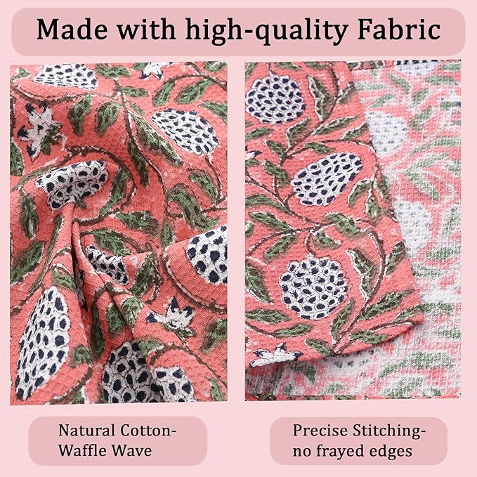Ridhi Dark Salmon Pink Hand Block Print Cotton Waffle Dish Cloth Set of 12-12x12 Inch Super Absorbent, Soft, Reusable Kitchen Towels for Dish Drying Cleaning, Ideal for Spring, Easter, Valentine