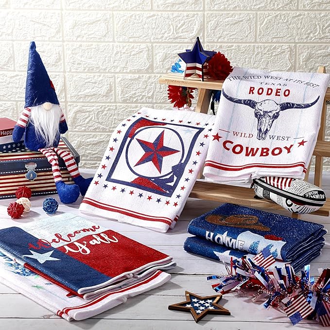 TecUnite 6 Pcs Texas Bluebonnets Kitchen Towels Texas Souvenirs Dishcloth 24 x 16 Inches Gifts Sweet Hand Towels White Blue Red Print Decorative Tea Dish Cloth for Home Decoration