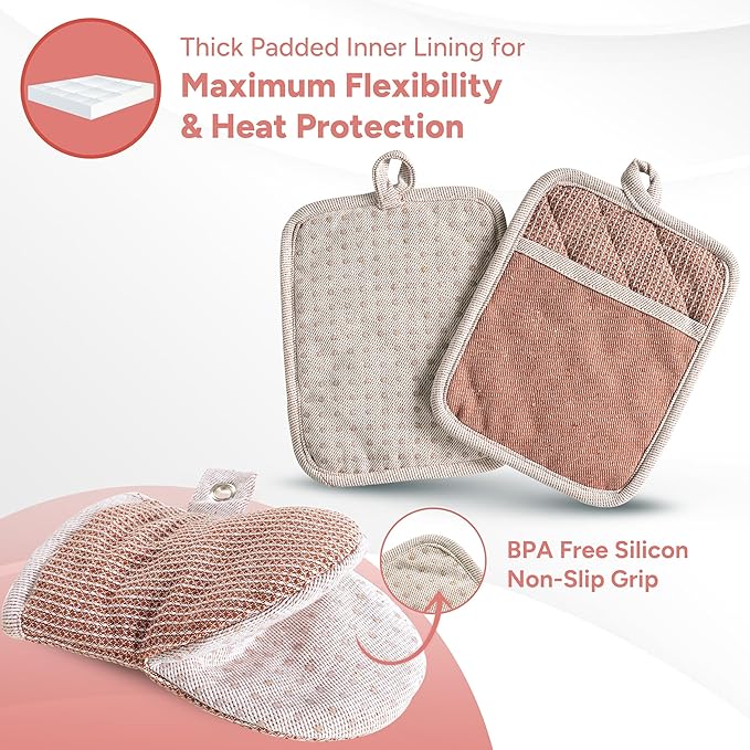Casa Platino Potholders for Kitchens, 8-Piece – 500°F Heat Resistant Oven Mitts and Pot Holders, Mini Oven Mitt with Silicone Grip, 2 Kitchen Towels & 2 Dish Cloths – Durable & Non-Slip – Canyon Rose
