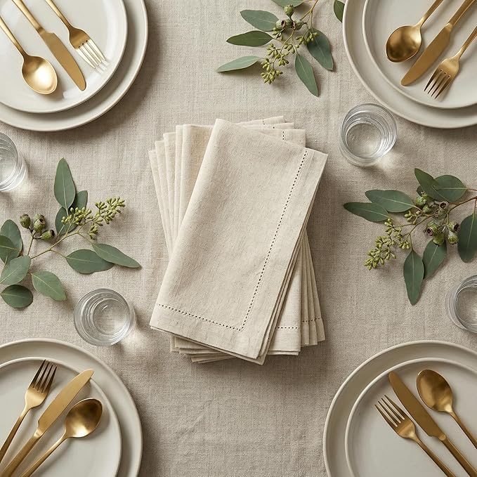 Flax Hemstitchend Cloth Dinner Napkin Set of 4 Natural 20x20 Inches, Decorative Premium Cotton Linen Dinning Table Napkins Ideal for Spring, Easter, Cocktail | Washable Kitchen Napkin for Home Décor