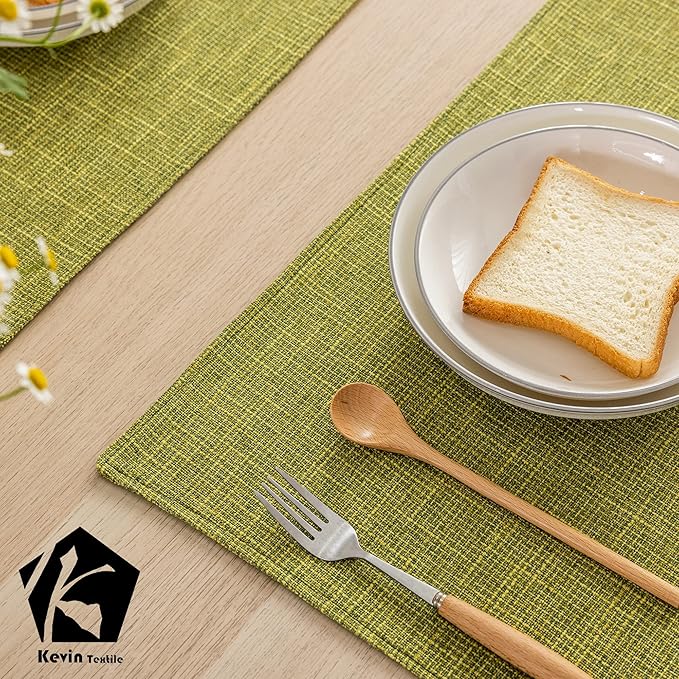 Kevin Textile Spring Burlap Linen Placemats Set of 4 Heat Resistant Dining Table Place Mats Washable Kitchen Table Mats, 13 x19 inches, Linden Green