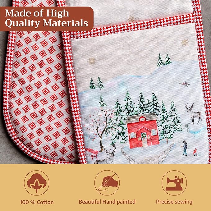 Maison d' Hermine Double Oven Mitt (7" x 35") 100% Cotton Heat Resistant BBQ Cooking Gloves with Loop for Thanksgiving Christmas Decorations Baking Cooking Barbeque Handling Hot Pan (Rural Christmas)