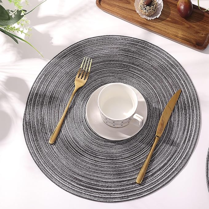 SHACOS Round Braided Placemats Set of 6 Round Table Mats 15 inch Cotton Washable for Holiday Party (Black Grey, 6)