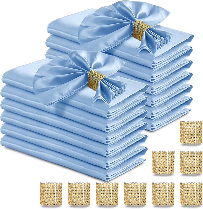 RUDONG M 100 Pcs Light Blue Satin Napkins and Napkin Rings Set, 17 x 17 Inch Square Cloth Napkins Set of 50, Silky Soft Table Napkins Bulk for Weddings, Banquet, Parties Dinner Decoration