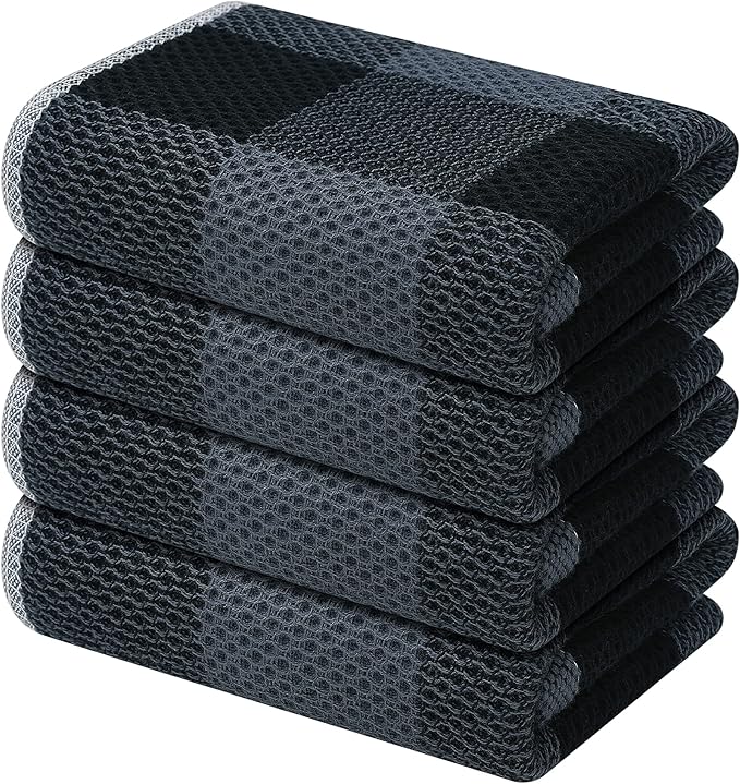 Mordimy 100% Cotton Waffle Weave Kitchen Towels, 13 x 28 Inches, Super Soft and Absorbent Buffalo Check Dish Towels for Drying Dishes, 4-Pack, Black & Grey