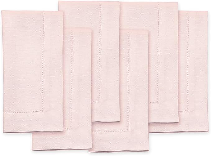 Solino Home Pink Linen Napkins Set of 6-100% Pure Linen Hemstitch Dinner Napkins 20 x 20 Inch for Mothers Day, Spring, Summer - Classic Hemstitch
