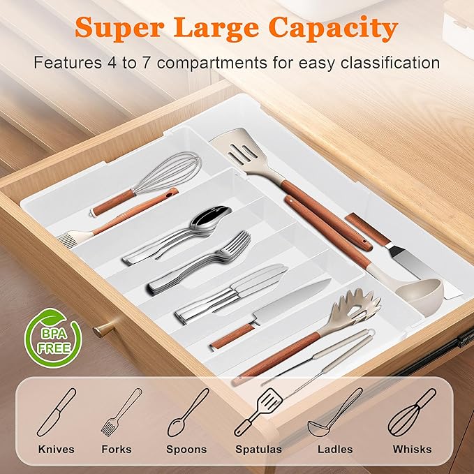 Spaclear Expandable Large Silverware Organizer - BPA-Free Utensil Organizer for Kitchen Drawer, Adjustable Silverware Drawer Organizer Flatware Cutlery Tray for Spoons Forks Knives,10.2"-17.2" Wide