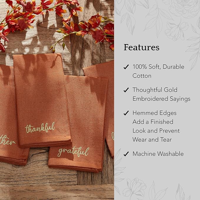 Elrene Home Fashions Harvest Fall Sentiment Embroidered Napkins, Set of 4, 17"x17", Rust