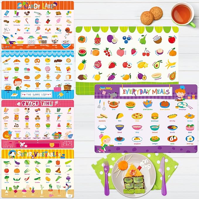 6 Pack Placemats for Kids, Non-Slip Washable Table Mats, Reusable Food Themed Dining Mats - Fruits, Vegetables, Snacks, Candies, Everyday Meal, Educational Placemats for Home, Classroom, Nursery