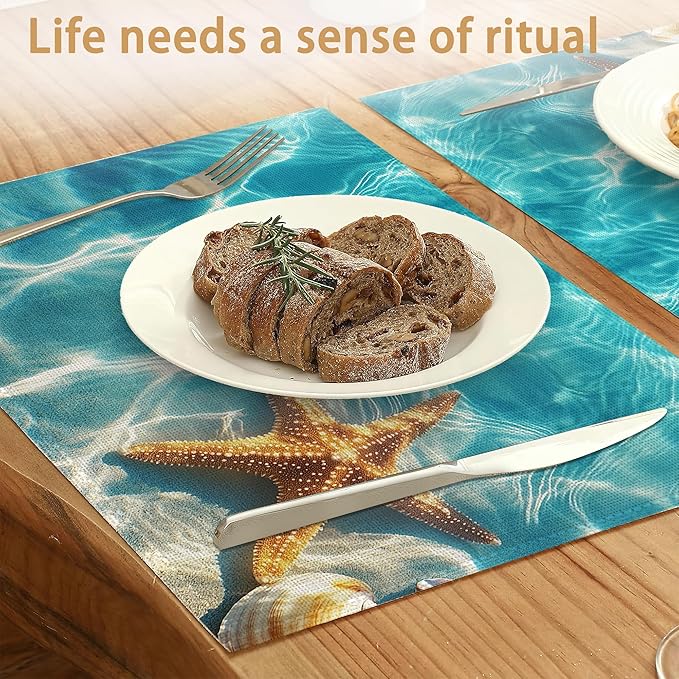 Placemats Set of 6,Starfish Shells Table Mats,Sea Beach Washable Linen Table Mats,Non-Slip Heat Resistant Placemats for Party Kitchen Dining Indoor Outdoor 12"x18"