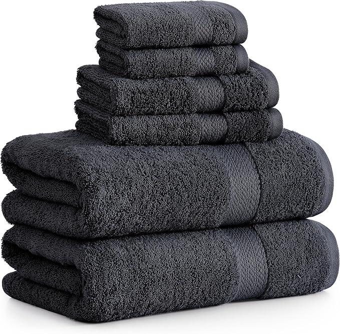 LANE LINEN 100% Cotton Towel Set for Bathroom - 6 Piece - Super Soft, Hotel Quality - 2 Bath, 2 Wash cloths, 2 Hand Towels for Bathroom - Classic, Gentle on Skin, Ideal for Spa & Daily Use - Black