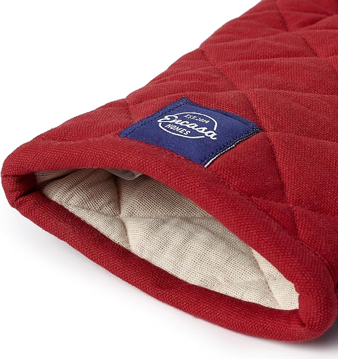 Encasa XO Heat Resistant Cotton Oven Gloves Mitts (2 Pc Set) - Quilted & Safe 12x6.6 in - for Kitchen, Cooking & Baking, Grilling, Handling Hot Pots & Pans - Red