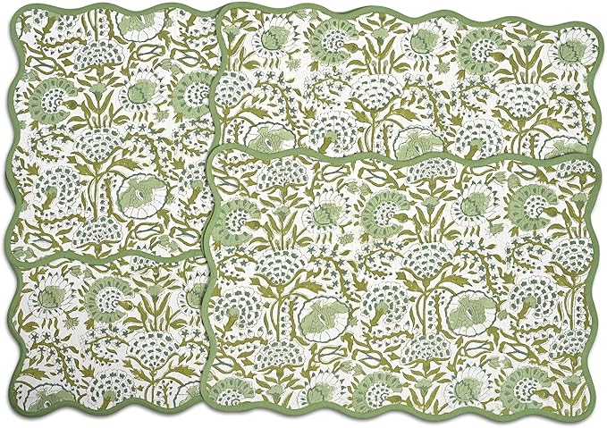 CPC Cotton Placemats Agate Green Set of 4-Hand Block Printed Reversible Placemats, Flower Scalloped & Embroidered Cloth Table Mats - 14 x 20 inch Gift for Spring, Mother's Day