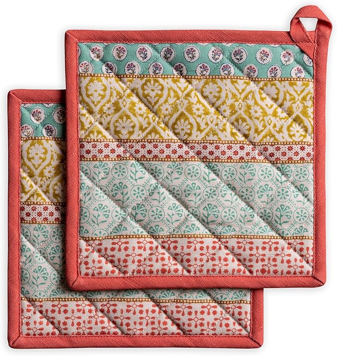 Maison d' Hermine Pot Holders 100% Cotton Heat Resistant Potholders 8" x 8" Hot Pads with Loop BBQ Cooking Baking Gifts for Mothers Day Handling Hot Pans Spring/Summer (Pack of 2, Provence)