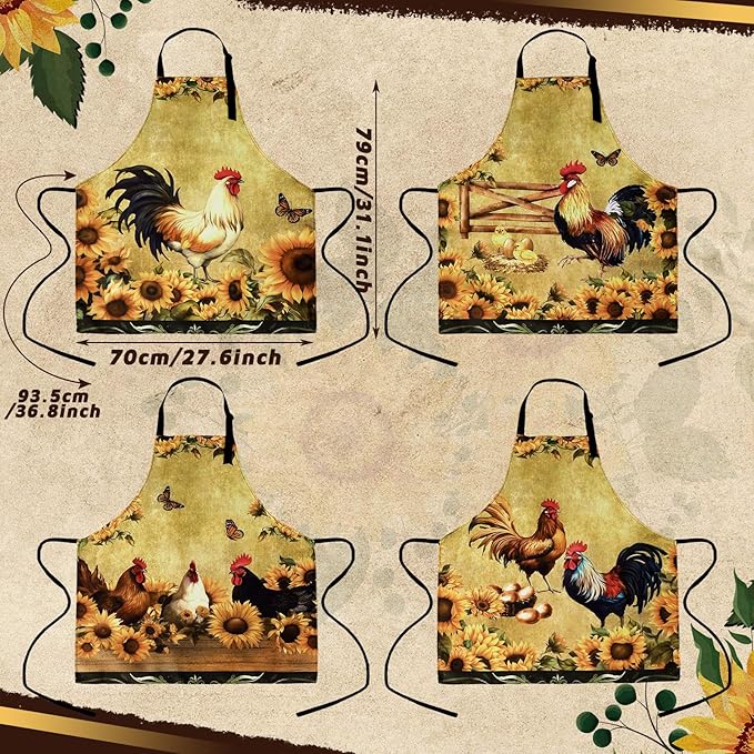 Geetery 4 Pcs Chicken Aprons for Women Rooster Print Apron Waterproof Adjustable for Kitchen Cooking