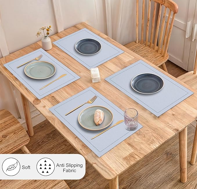 Ruvanti Linen Placemats Set of 6-13x19 Inch, Classic Hemstitch, Heat ‎Resistant Machine Washable Place Mats, Soft & Elegant- Perfect for Christmas, ‎Thanksgiving, Easter, Wedding, Dinner - Arctic Ice