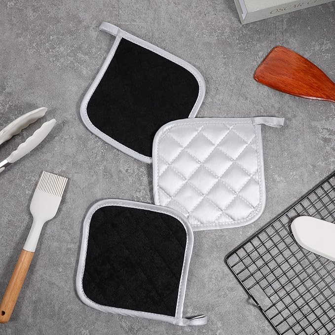 24 Pcs Cotton Pot Holders for Kitchen Heat Resistant, 7 x 7 Inch Pot Holders Bulk with Hanging Loops Square Potholders Oven Hot Pads for Kitchen Cooking Baking (Grey & Black)