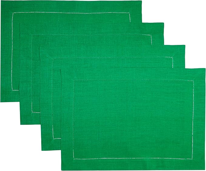 D'Moksha Homes Linen Placemats Set of 4 - Classic Hemstitch Kelly Green Placemats 14 x 19 Inch - 100% Pure Linen Table Mats for Mothers Day - Handcrafted and Machine Washable